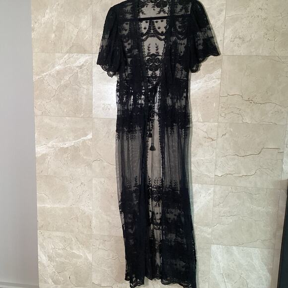 Aqua Maxi Duster Kimono Topper Small Black Lace Sheer Stevie Boho 90s Whimsigoth - Picture 6 of 10